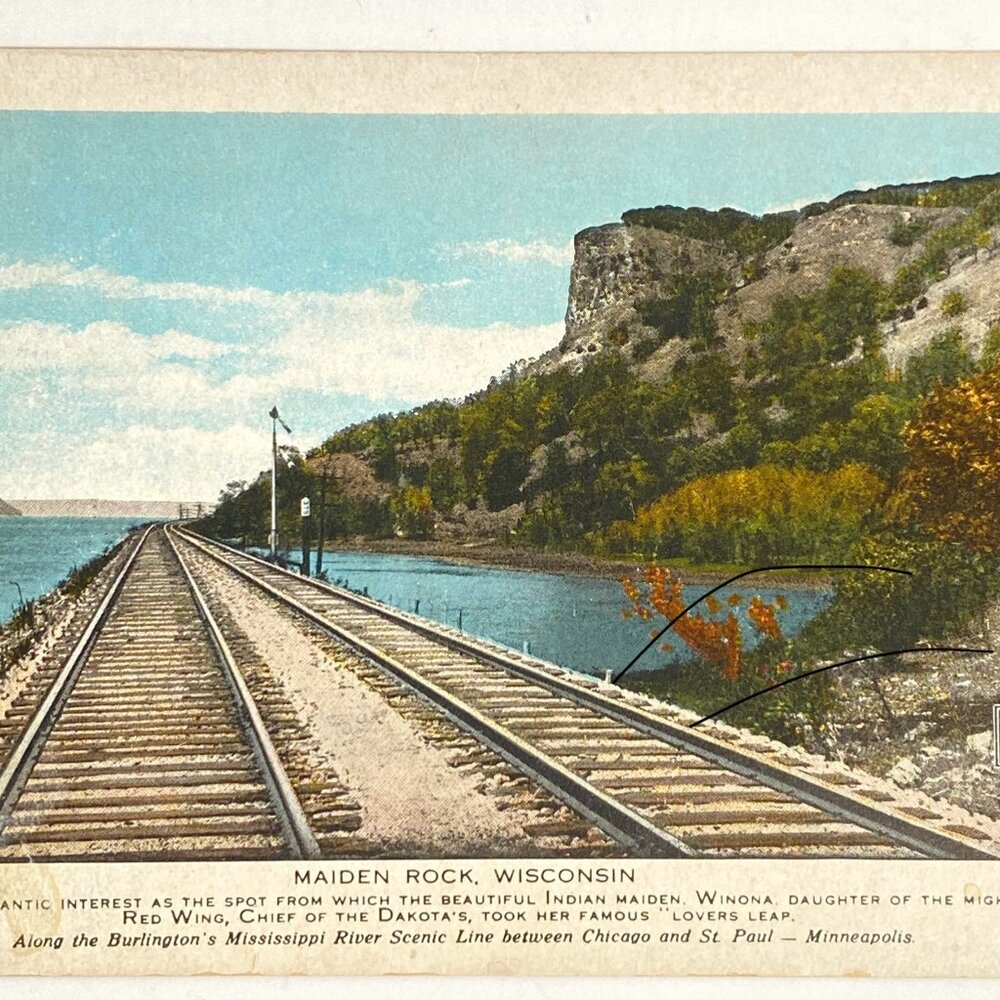 Vintage Burlington Route Scenic Train Tracks Maiden Rock Wisconsin Postcard